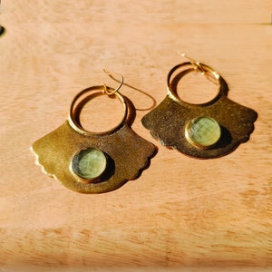 Round Faceted Green Chalcedony Gemstone Handmade Brass Gold Plated Big Mapal Leaf Design Drop Hook Earrings Jewelry Gift for her image 2