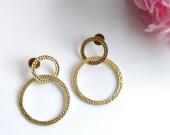 Handmade Brass Earring Gold Plated Brass Boho Style Hoop Design Textured Drop Dangle Push Back Earring Gift For Her