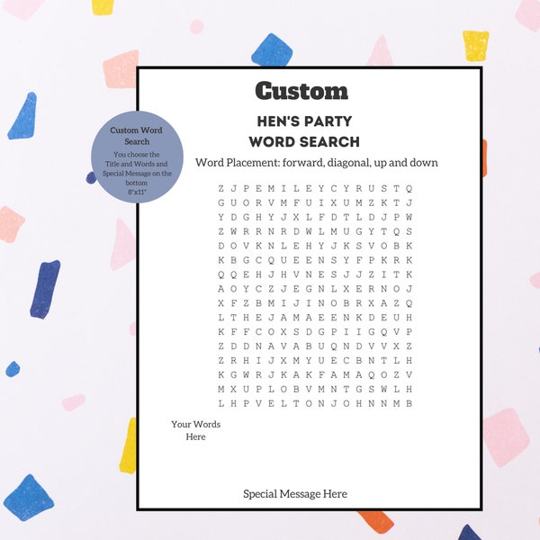 CUSTOM Word Search |  Hen's party, hen's night | 8.5x11" DIGITAL FILE | Personalized Gift