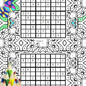 Peut inclure: Deux grilles de Sudoku avec des nombres remplis. La première grille a un motif de papillon coloré dans le coin supérieur gauche. La deuxième grille a un motif de mandala noir et blanc en arrière-plan.