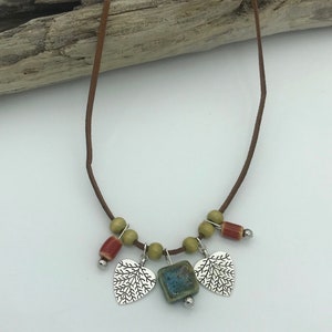 Leather Hearts Necklace-Cermaic Stone and Wood Beads With Silver Hearts  (N14)