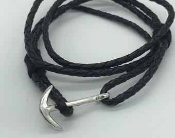 Double Wrap Leather Silver Anchor Bracelet