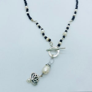 Unique Necklace of Freshwater Pearls With Lotus Pendant Strung On Glass Plum Seed Bead With Wire Wrap N128