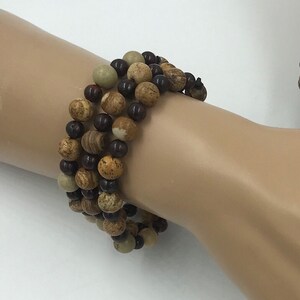 Unisex Triple Strand Blood Red & Tan Marbled Jasper Hemp Leather Snap Bracelet