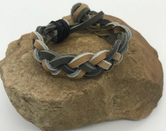 Thick Braided Tan & Brown Leather With Hemp Wrapped Looped Closure Bracelet  (MB23)