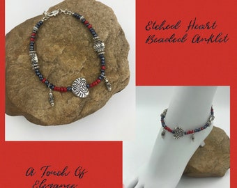 Silver Etched Heart Charm & Glass Beaded Ankle Bracelet  (A11)