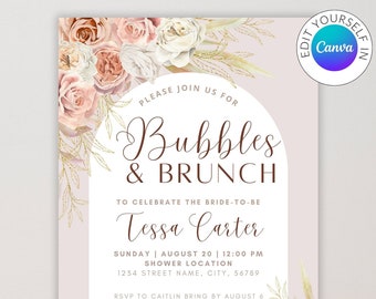 May include: A blush pink and gold bridal shower invitation with floral illustrations. The text reads "Please join us for Bubbles & Brunch to celebrate the bride-to-be Tessa Carter. Sunday, August 20, 12:00 PM. Shower Location: 1234 Street Name, City, 56789. RSVP to Caitlin bring by August 6. Please text (123) - 456-7890. Registered at Crate & Barrel and Amazon."