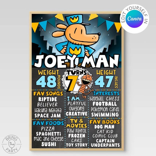 Editable Dog Man Birthday Chalkboard | Milestone Birthday Board | Dog Man Party | Dog Man Books