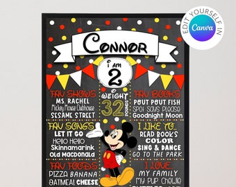 Letrero de pizarra de cumpleaños de Mickey Mouse editable de 20 x 30 cm / Plantilla Canva / Cartel digital de Mickey / Decoración de cumpleaños de Mickey