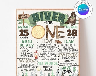 May include: A green and brown printable first birthday sign for a boy named River. The sign features a woodland theme with a bear, trees, and a tent. It includes details about River's birth, weight, height, favorite foods, books, and words. The sign says "River turns one".
