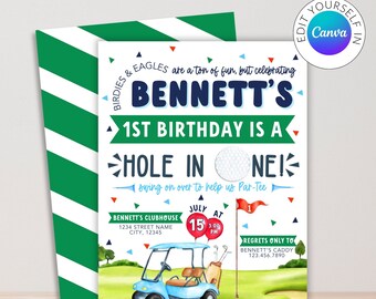 Editable Golf Hole in ONE 1st Birthday Invite | Golf Kids Birthday Invitation | Editable Invitation Canva Template