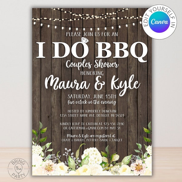 Editable I DO BBQ | Digital Template Wedding Couples Shower Invite | Rustic Wedding Shower Invite Template | Canva Template Printable
