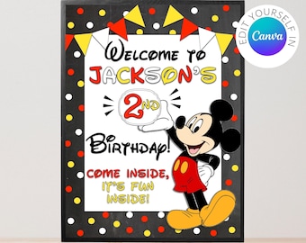 Redigerbar Musse Pigg-välkomstskylt | Redigerbar svarta tavla | Musse Pigg-festdekor | Redigerbar kanvasduk 18x24