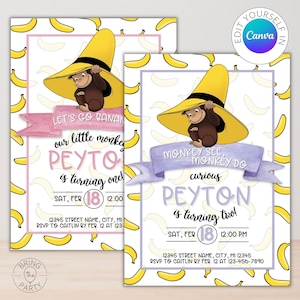 Editable Curious George Birthday Invite (4 Color Options), Canva Template