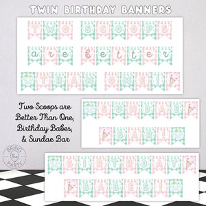 TWIN Birthday Ice Cream Banners, twee bolletjes zijn beter dan één thema, Twin First Birthday Party Decor
