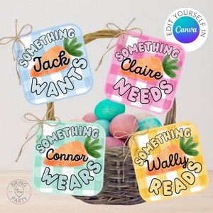 Etichette regalo di Pasqua modificabili, Etichette pasquali con 4 regole regalo, Qualcosa che desideri, Qualcosa di cui hai bisogno, Qualcosa che indossi, Qualcosa che leggi
