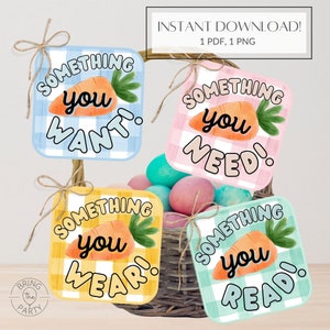 Etichette regalo di Pasqua, 4 regole dei regali Etichette pasquali, Qualcosa che desideri, Qualcosa di cui hai bisogno, Qualcosa che indossi, Qualcosa che leggi