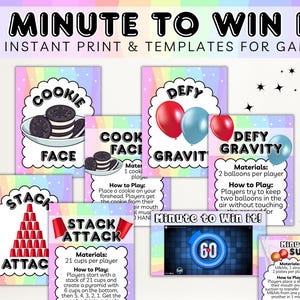 Op de afbeelding: Een set met printbare spelkaarten met een regenboogachtergrond. De kaarten tonen verschillende spellen zoals "Cookie Face", "Stack Attack" en "Defy Gravity". De kaarten bevatten instructies en materialen die nodig zijn voor elk spel. De tekst "Minute to Win It" wordt bovenaan de afbeelding weergegeven. De afbeelding bevat ook een Canva-presentatie met timers.