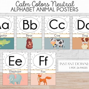 Neutral Calm Colors Alphabet Animal Posters | Neutral Alphabet Class | Elementary Alphabet | Printable Alphabet Posters | Instant Download