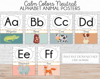 Affiches neutres d'animaux alphabet couleurs calmes | Cours d'alphabet neutre | Alphabet élémentaire | Posters imprimables de l'alphabet | Téléchargement instantané