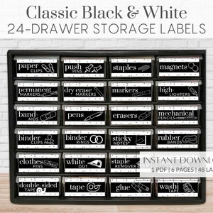 Classic Black & White Labels for Drawer Storage | 24-Drawer Storage Cabinet Labels | Teacher labels Instant Download Instant Printable