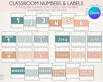 Editable Neutral Calming Colors Square Labels | Classroom Numbers | Nametags and Nameplates | Class Supply Labels | Custom Class Labels