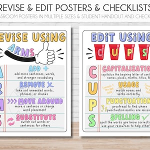 Revise & Edit Posters, Checklists | CUPS Editing Writing Strategy | ARMS Revision Writing Strategy | Writing Checklist | Instant Download