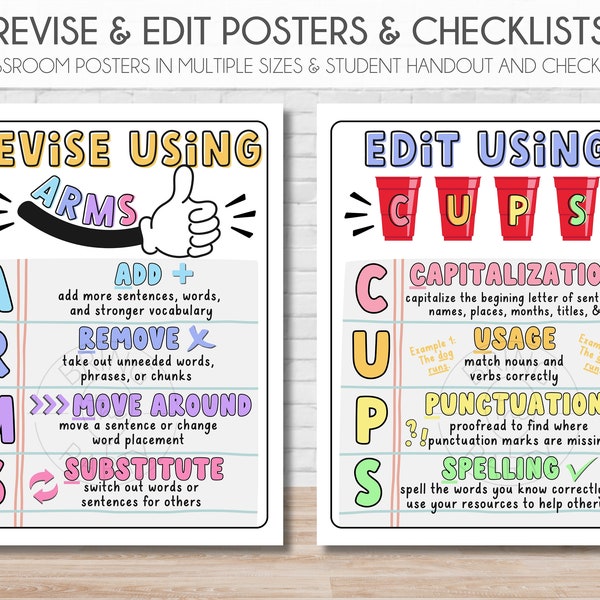 Revise & Edit Posters, Checklists | CUPS Editing Writing Strategy | ARMS Revision Writing Strategy | Writing Checklist | Instant Download