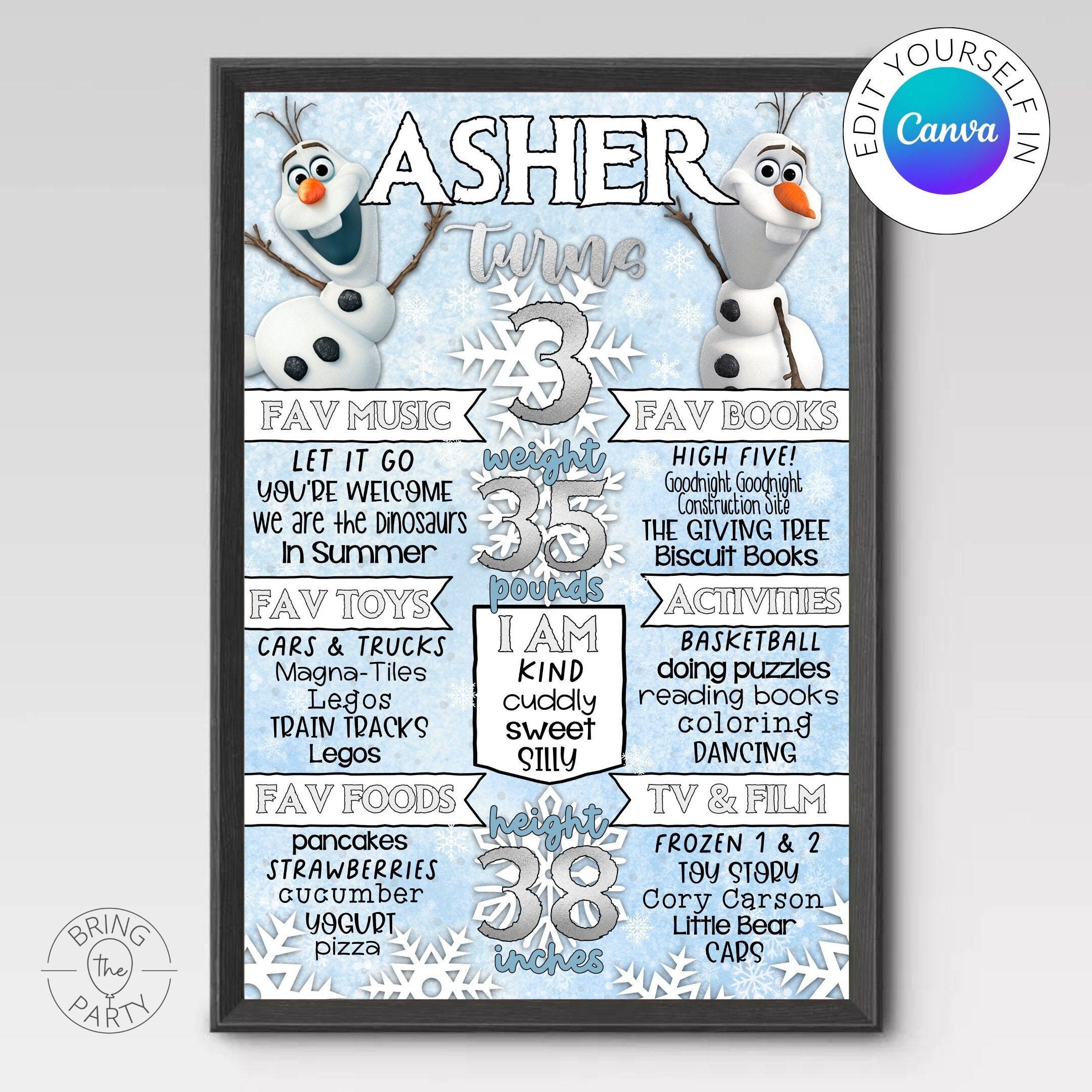 Editable Olaf Frozen Birthday Chalkboard Blue Background Editable Canva Template Instant Download Digital Download