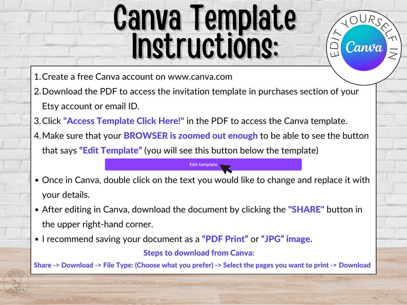 Puede incluir: Una hoja de instrucciones para una plantilla de Canva en morado y blanco con el texto "Canva Template Instructions" en negro. Las instrucciones explican c&oacute;mo acceder y editar una plantilla de Canva. El texto "Edit Template" est&aacute; resaltado en un cuadro morado.