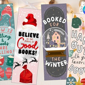 Peut inclure: Quatre marque-pages imprimables sur le thème de Noël avec des motifs et du texte d'hiver. Le premier marque-page présente un fond bleu avec des flocons de neige et le texte "Snow is falling, & books are calling!" Le deuxième marque-page présente un fond rose avec un bonnet de Père Noël rouge et le texte "Believe in the magic of Good Books!" Le troisième marque-page présente un fond violet avec un globe à neige et le texte "Booked for the Winter" Le quatrième marque-page présente un fond rose avec des ornements colorés et le texte "Hang out with your favourite book!"