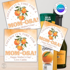 May include: Two orange and white gift tags with the text "Cheers! It's time for a Mom-osa! Happy Mother's Day! Love, Caitlin" on a watercolor background with orange blossoms and oranges.