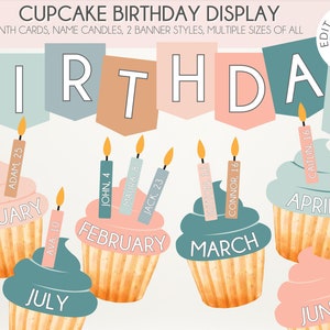 Editable Neutral Calming Colors Birthday Display Board | Classroom Birthday Bulletin Board | Cupcake Birthday Board | Canva Template