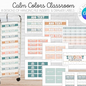 Puede incluir: Etiquetas de organización de aula imprimibles en un esquema de color calmante de verde azulado, melocotón y gris. Las etiquetas presentan un patrón de lunares y el texto "Agregar texto". Las etiquetas están diseñadas para usarse como insertos de archivos colgantes y etiquetas de cajones. Las etiquetas son editables en Canva.