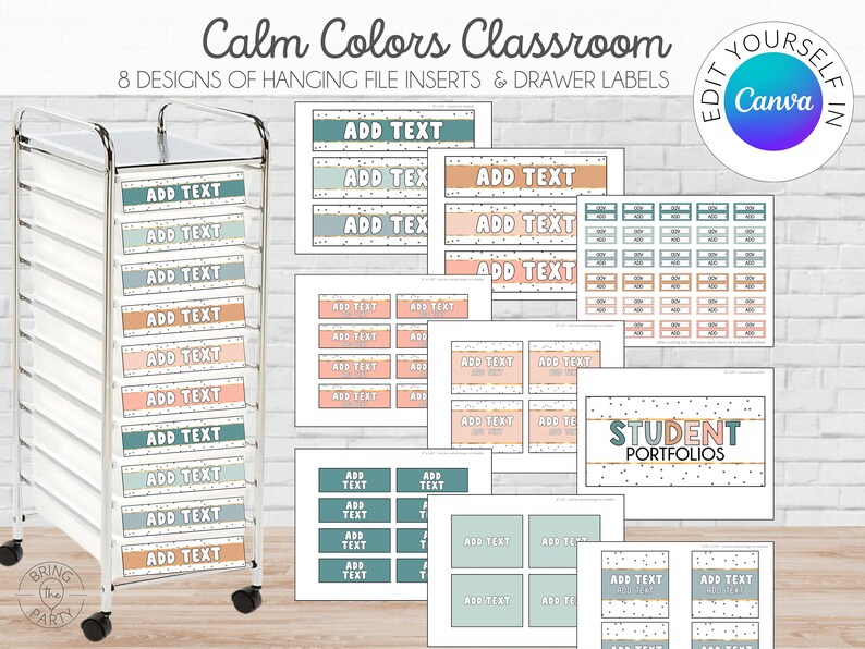 May include: Printable classroom organization labels in a calming color scheme of teal, peach, and gray. The labels feature a polka dot pattern and the text "Add Text".  The labels are designed to be used for hanging file inserts and drawer labels.  The labels are editable in Canva.
