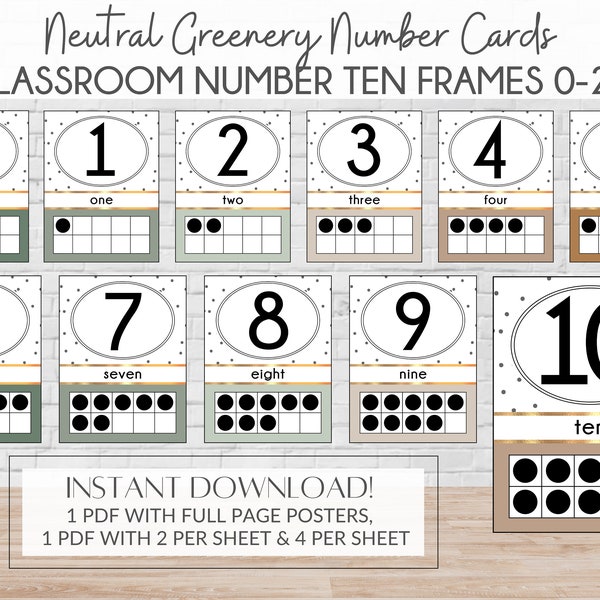 PRINTABLE Number Wall Cards | Neutral Greenery Number Posters | Ten Frames | Neutral Number Posters | Number Flashcards | Instant Download