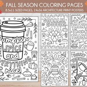 Fall Season Coloring Pages | Thanksgiving Coloring Activity | Architecture Print | Autumn Coloring Sheets | Fall Coloring Posters