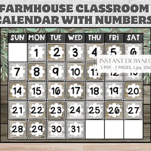 Farmhouse Classroom CALENDAR & NUMBERS, Greenery Eucalyptus Rustic Classroom, Poster
