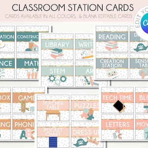 Neutral Calming Colors Center Signs | Preschool Station Cards | Kindergarten Centers | Classroom Stations | Customizable Station Cards