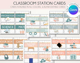 Neutral Calming Colors Center Signs | Preschool Station Cards | Kindergarten Centers | Classroom Stations | Customizable Station Cards