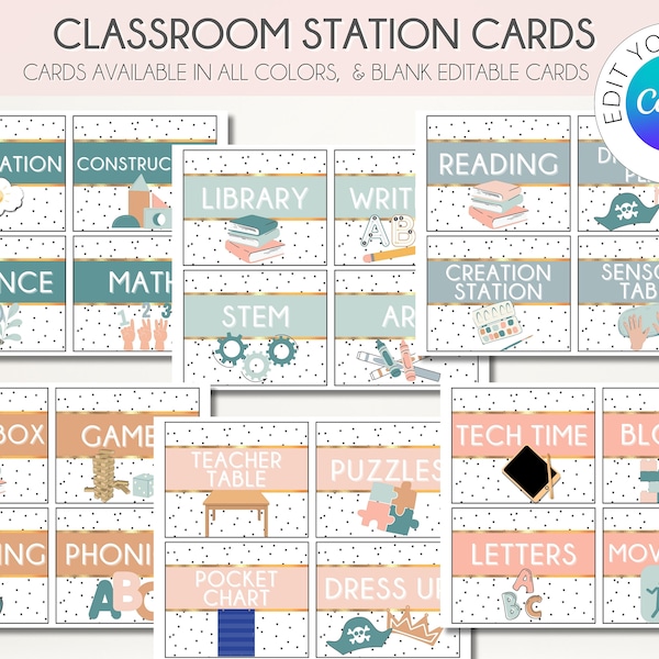 Neutral Calming Colors Center Signs | Preschool Station Cards | Kindergarten Centers | Classroom Stations | Customizable Station Cards