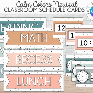 Neutrale beruhigende Farben Klassenzimmer Stundenplan | Bearbeitbarer Stundenplan | Druckbare Agenda-Karten | Klassenzimmer Whiteboard | Anpassbarer Stundenplan