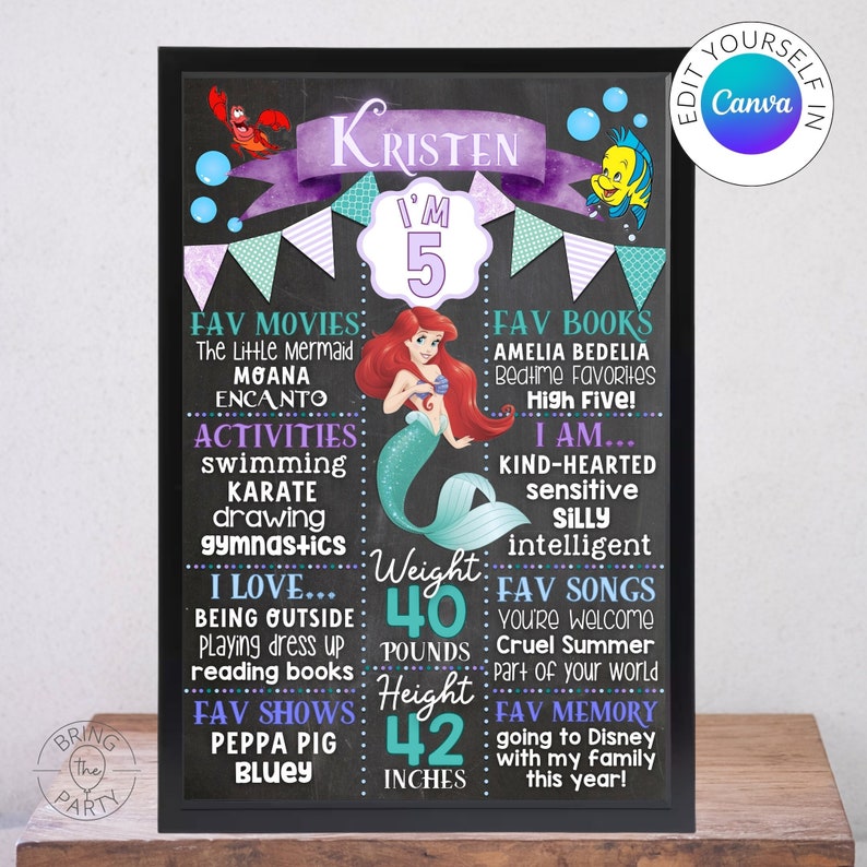 Puede incluir: Un cartel de cumplea&ntilde;os estilo pizarra con una ilustraci&oacute;n de sirena y el texto "Kristen Tengo 5 a&ntilde;os". El cartel incluye detalles sobre las pel&iacute;culas, libros, actividades y canciones favoritas de la ni&ntilde;a. Tambi&eacute;n indica su peso de 40 libras y su altura de 42 pulgadas.