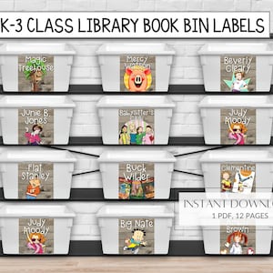 Etichette per contenitori per libri della BIBLIOTECA in classe, biblioteca elementare, livello K-3, download immediato, stampabile