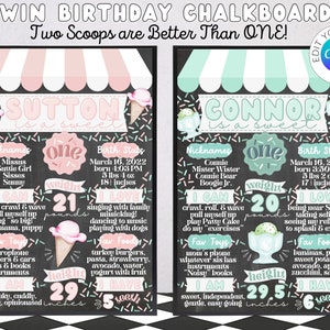 Bewerkbare TWIN verjaardagsijsborden | Two Scoops are Better Than One-thema | Decor eerste verjaardagsfeestje voor twee personen