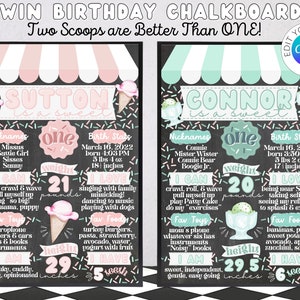 Editable TWIN Birthday Ice Cream Chalkboards | Two Scoops are Better Than One theme | Twin First Birthday Party Decor