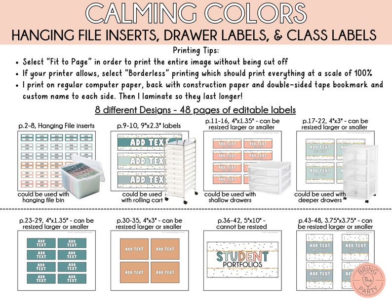 May include: A set of printable labels for organizing classroom supplies. The labels are designed in calming colors with a variety of sizes and shapes. The labels include text such as "ADD TEXT", "STUDENT PORTFOLIOS", and "BRING THE PARTY".