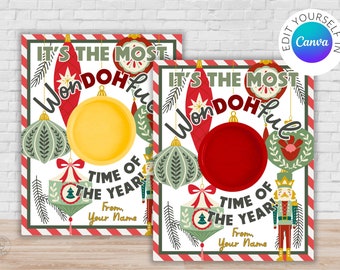 May include: Two printable Christmas cards with a red and white striped border. The cards feature a white background with a green and red ornament design. The text on the cards reads "It's the most WonDOHul time of the year!" with a space for a photo.