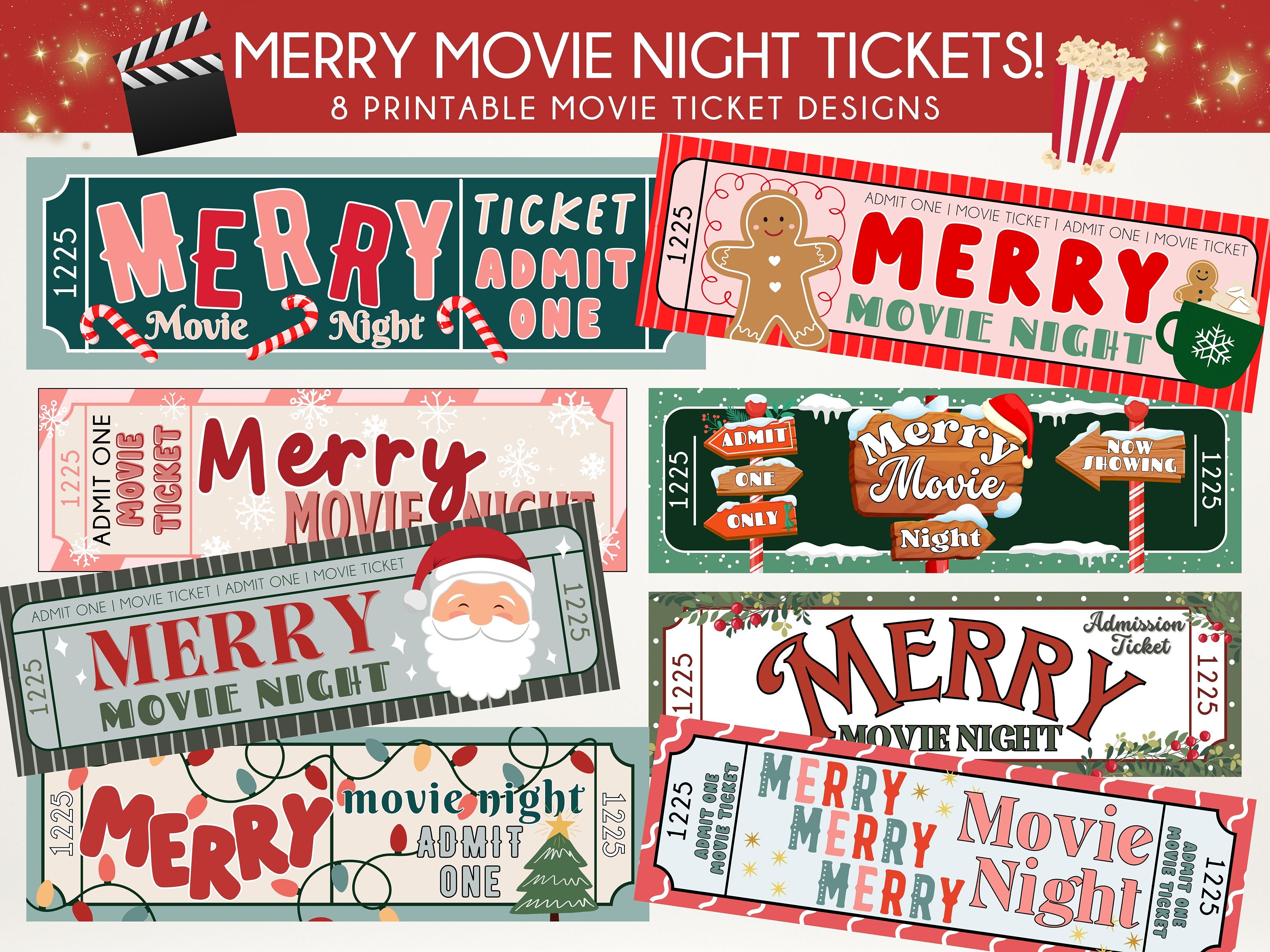 Printable Merry Movie Night Tickets | Christmas Movie Night Instant Download | Generic Holiday Movie Tickets | Christmas Movie Night Party