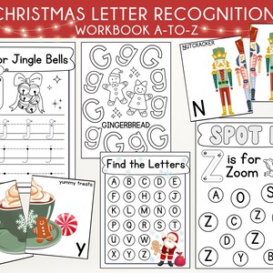 Práctica de letras del alfabeto navideño / Paquete de centro de invierno de reconocimiento de letras de 93 páginas / Paquete de Navidad imprimible, Práctica de letras preescolares
